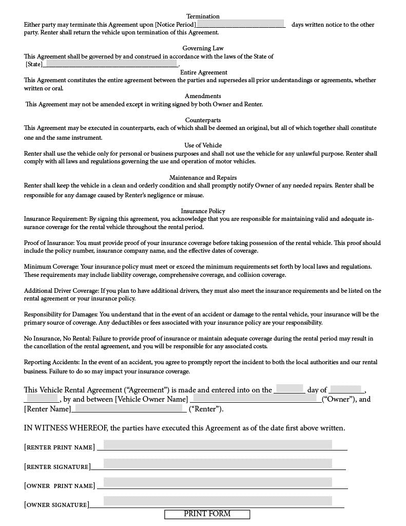 Vehicle Private Rental Agreement Template - (Pro Version)